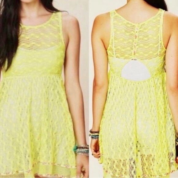 ⭐️BOGO FREE⭐️ FREE PEOPLE Madame Butterfly Lace Tank Dress in Lemon-lime - Picture 13 of 14